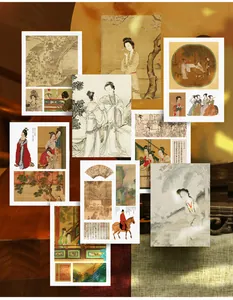 Detailed view of vintage Chinese art stickers featuring traditional paintings