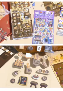 Close-up of cute 3D puff stickers with bakery and bread designs for DIY crafting.