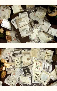 Vintage scrapbooking stickers met retro kaarten en bloemen voor journal decor.