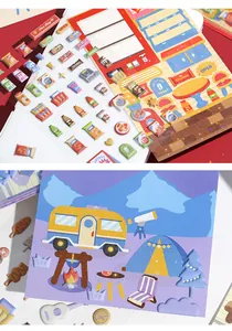 Close-up detail of cute 3D foam stickers showing camping and store themes