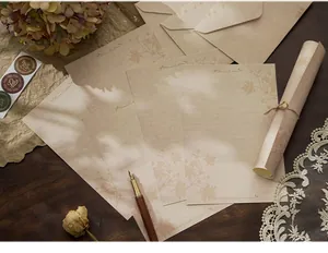 Detail of vintage flower-patterned letter paper and envelopes with a classic fountain pen