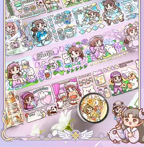 Detailed view of cute cartoon character PET tape featuring girl and floral patterns.