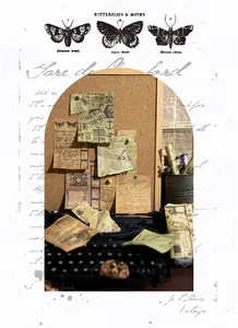 Vintage scrapbooking paper set with antique typewriter and butterfly illustrations