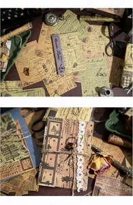 Close-up of vintage journaling paper with film strip and classic floral patterns
