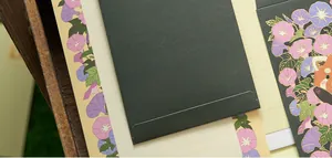 Detail of floral stationery set featuring morning glory patterns and a black envelope.