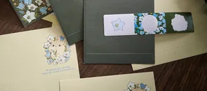 Detail of floral stationery set with cute cat illustration and romantic English quote