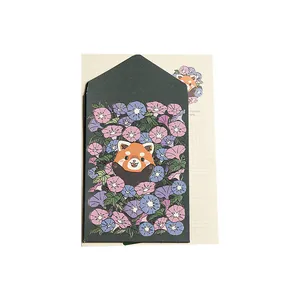 Vintage stationery set featuring red panda and floral pattern gold foil envelope