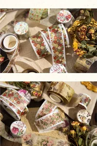 Detailed view of vintage washi tape with intricate floral and butterfly patterns for DIY.