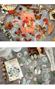 Gedetailleerd overzicht van natuur-thema PET-stickers met bloemen en vlinders voor journals