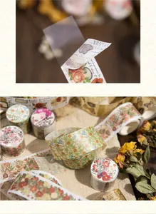 Close-up of vintage floral washi tape with semi-transparent texture for DIY journaling