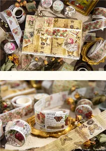 Close-up detail of vintage Washi tape with butterfly and floral patterns for scrapbooking.