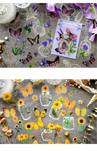 Detail van doorschijnende vlinder- en bloemen-PET-stickers voor DIY-scrapbooking