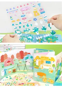 Detail showing various cute cartoon foam stickers being applied to a colorful scrapbook page