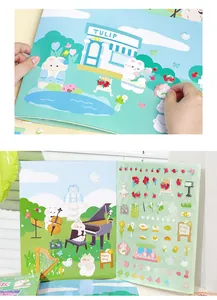 Close-up of cute cartoon puffy sticker book with vibrant landscape scenes for kids journal DIY