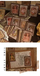 Vista dettagliata di adesivi retrò con illustrazioni vintage per journaling DIY