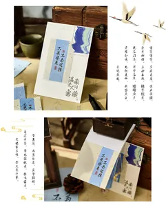Close-up of vintage Chinese style memo pad sheets with elegant calligraphy and wooden props