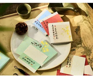 Detailed view of traditional Chinese style memo pads with calligraphy and bamboo motifs