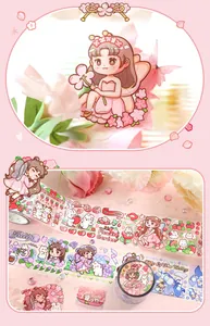 Close-up details of cute cartoon girl and flower PET tape for journal decoration