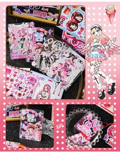 Pink Y2K style anime girl stickers and decorated card holders for DIY scrapbooking