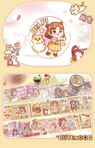 Close-up of decorative PET tape featuring cute cartoon girl and dog illustrations for journaling.
