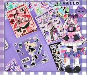 Close-up detail of Y2K anime girl sticker book set and transparent storage case
