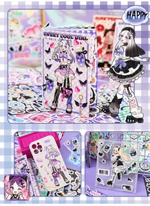 Y2K anime girl sticker book set with purple themed decorative journaling materials