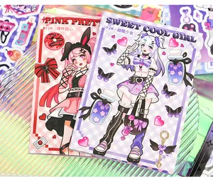 Detail shot of Y2K anime girl sticker book covers featuring pink and purple designs