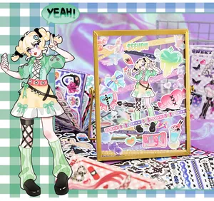 Y2K anime girl sticker set featuring colorful sweetheart themed decorative elements for scrapbooking