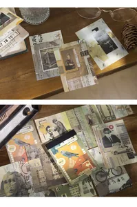 Vista macro detallada del set de papel para scrapbooking vintage con motivos retro