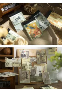 Detalle que muestra papel de scrapbooking vintage en un tablero de corcho.