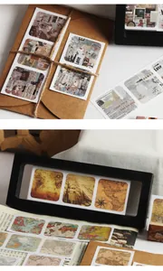 Κοντινό πλάνο με vintage αυτοκόλλητα scrapbooking με ρετρό μοτίβα εφημερίδας.