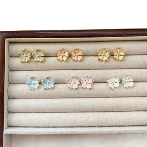 Sweet colorful enamel flower petal stud earrings set with 925 silver needles in box
