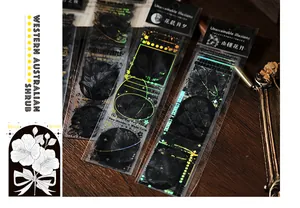 Detailed view of holographic botanical stickers with elegant foil floral patterns