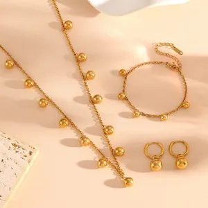 Minimalist gold-plated steel ball jewelry set including necklace, bracelet and earrings