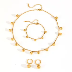 Detailed view of a gold jewelry set with multiple spherical ball pendants in steel