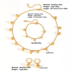 Macro view of stainless steel gold bead necklace set showing dimensions and weight