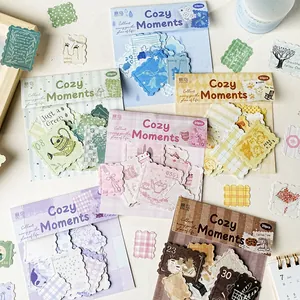 Vintage Letterpress Relief Stamp Stickers White Kraft Paper Decorative Scrapbooking Labels Cozy Moments Series Floral Animal Illustrations Journaling Supplies