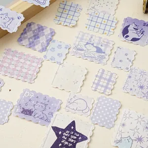 Retro purple stamp stickers with cat and star designs for scrapbooking and journaling.