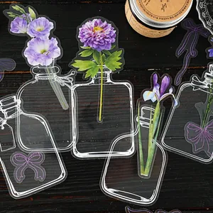 Transparante bloemenstickers met vintage flessen en paarse bloemen