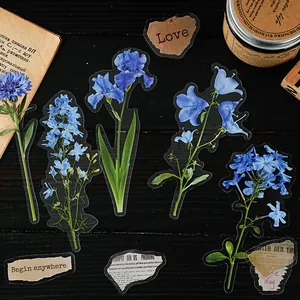 Grote vintage blauwe bloemen PET stickers voor decoratieve scrapbooking en journaling kunst