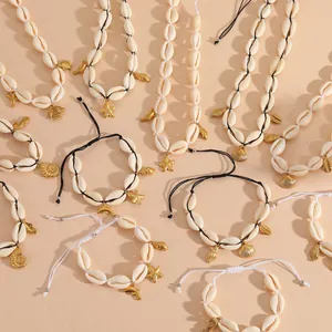 Bohemian Natural Shell Jewelry Set Titanium Steel Starfish Seahorse Pendant Necklace Bracelet Anklet For Women Summer Beach Vacation Jewelry