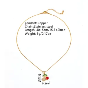 Sweet cherry pendant necklace with red rhinestone and gold stainless steel chain