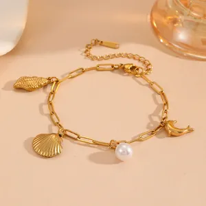 Gold stainless steel marine charm bracelet with pearl shell dolphin pendants summer beach jewelry