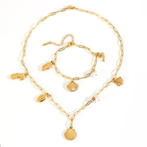 Gold stainless steel ocean beach jewelry set necklace bracelet with shells pearls charms