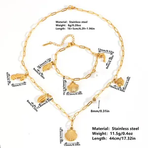 Stainless steel marine charm necklace bracelet set, summer beach seashell jewelry for women.