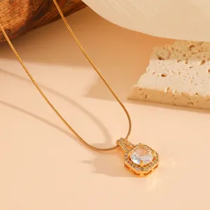 Elegant gold-tone stainless steel snake chain necklace with hexagonal CZ crystal pendant