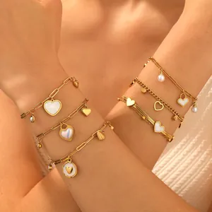 Titanium Steel Heart Bracelet For Women Gold Plated Non Fading Shell Artificial Pearl Rhinestone Sweet High-End Jewelry Gift