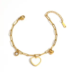 Elegant gold titanium steel paperclip bracelet with heart shell and pearl charms for women