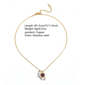 Elegant square purple crystal pendant necklace with a gold stainless steel chain design