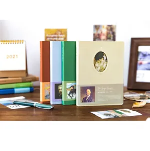 Macro shot of artistic hardcover notebooks featuring classical portrait art and elegant covers.